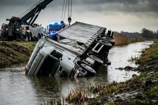 Der verunglückte Sattelzug im Kanal Rhauderfehn ist kopfüber versunken, nur der Auflieger ragt aus dem Wasser. Ein Kran bereitet die Bergung vor.