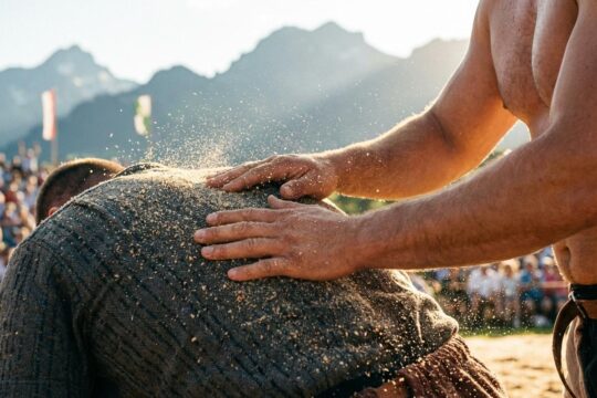 Ein Schwinger klopft einem Kontrahenten respektvoll das Sägemehl vom Zwilch-Rücken, eine traditionelle Geste beim Schwingfest. Kraftvolle Hände und goldene Nachmittagssonne betonen die Szene.
