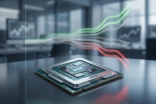 Detaillierter Intel-Mikroprozessor auf reflektierender Fläche, umrahmt von Finanzgrafiken in Grün, Rot und Grau, die die Intel Aktie Prognose visualisieren.