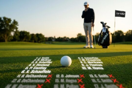 Golfer blickt auf Golfball auf Grün mit symbolischer Rangliste, die LIV Golf Weltranglistenpunkte und die restrictive Top-10-Regel darstellt.