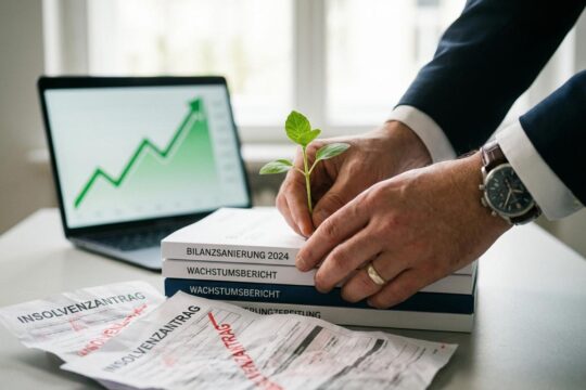 Professionelle Hände setzen einen grünen Spross auf geordnete Finanzberichte. Im Hintergrund ein steigendes Diagramm: So kann man ein Startup finanziell sanieren.