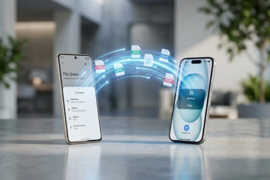 Ein Android- und ein iPhone-Smartphone liegen nebeneinander, verbunden durch einen leuchtenden Datenstrom. Er visualisiert den direkten Dateiaustausch Android iOS.