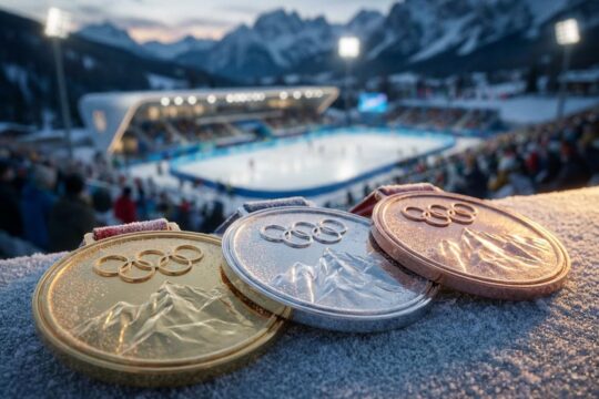 Drei glänzende Gold-, Silber- und Bronzemedaillen vor winterlicher Alpenlandschaft. Sie repräsentieren den Medaillenspiegel der Olympischen Winterspiele 2026.