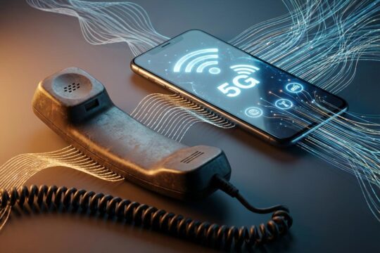 Ein abgenutzter 1G-Autotelefonhörer und ein 5G-Smartphone illustrieren die Geschichte der Mobilfunknetze. Leuchtende Datenströme zeigen die technologische Evolution.