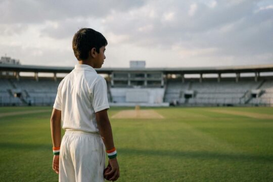 Ein Junge mit Cricketball blickt nachdenklich auf ein leeres Stadion. Armbänder in Landesfarben deuten den Pakistan Indien Cricket Boykott an.