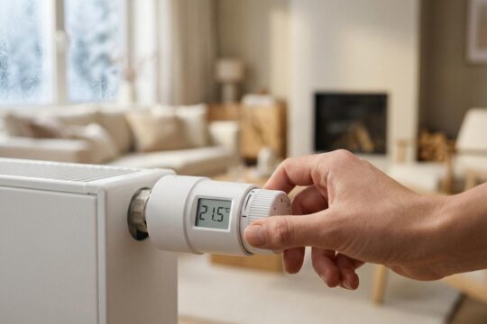 Eine Hand stellt präzise einen modernen Thermostat ein, um die Heizung optimal einzustellen im Winter. Ein warmes, gemütliches Wohnzimmer sorgt für Behaglichkeit.