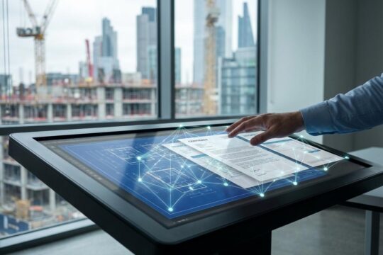 KI analysiert Baupläne und Verträge auf interaktivem Bildschirm. Eine Hand steuert die KI im Dokumentenmanagement Bau. Im Hintergrund eine Baustelle.