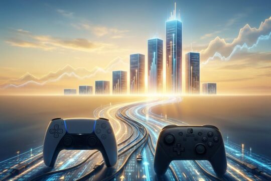 PS5- und Switch-Controller ragen aus einem Datenstrom auf, der zu Wolkenkratzer-Diagrammen wird. Dies symbolisiert die dynamische Konsolenmarkt Entwicklung bei Sonnenaufgang.