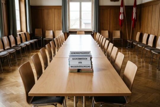Ein Mann sitzt allein am Tisch im Gemeindesaal. Leere Stühle und diverse Namensschilder verdeutlichen die Machtkonzentration Gemeinde Zullwil und seine Ämterhäufung.