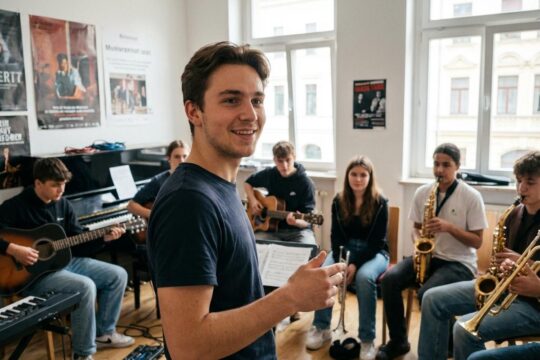 Ein engagierter Jugend-Musik-Coach in Sachsen fördert junge Talente, indem er eine Gruppe Jugendlicher mit Instrumenten in einem hellen Proberaum anleitet.