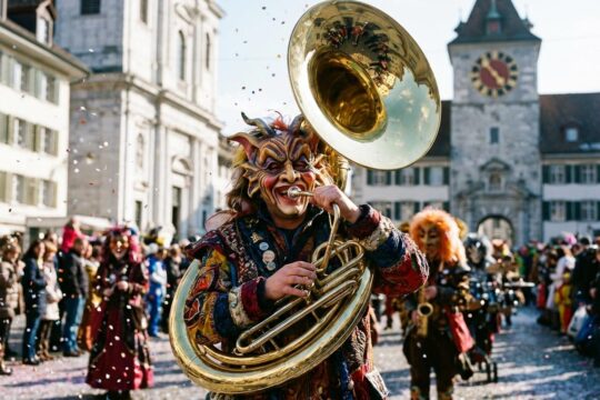Ein dynamischer Guggenmusiker in farbenprächtigem Kostüm spielt energisch zur Fasnacht Kanton Solothurn. Konfetti schwebt vor der festlichen Kulisse der Altstadt.