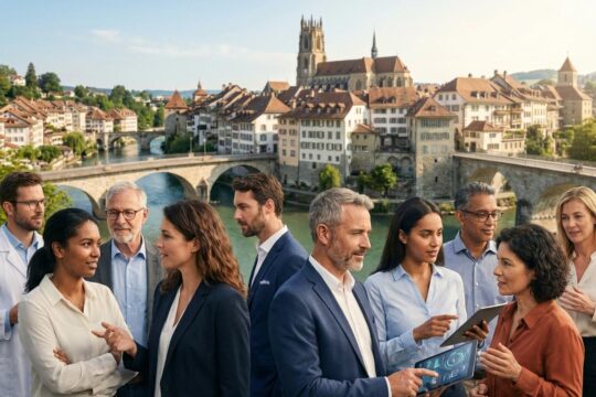 Vielfältige, engagierte Fachkräfte mit Tablet vor der Altstadt Freiburgs mit Kathedrale symbolisieren den Arbeitsmarkt Kanton Freiburg.