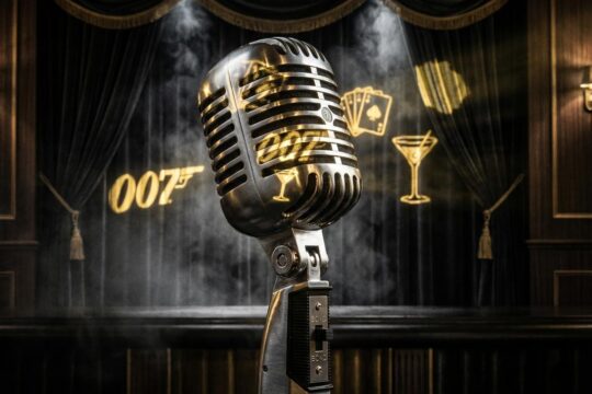 Elegantes, verchromtes Vintage-Mikrofon in dunkler, luxuriöser Umgebung. Goldene 007-Reflexe symbolisieren den kommenden James Bond Titelsong.