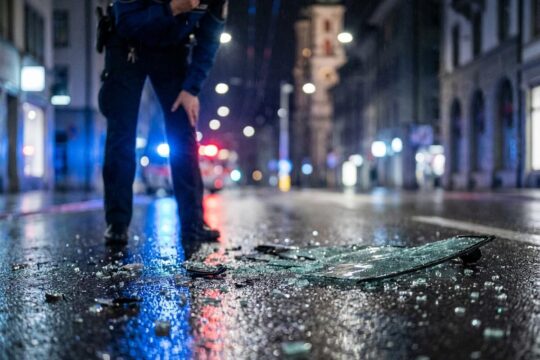 Zerbrochenes Autoglas und Trümmer auf nasser Straße nach einem Verkehrsunfall in St. Gallen. Blaulicht spiegelt sich, eine Einsatzkraft blickt auf die Szene.