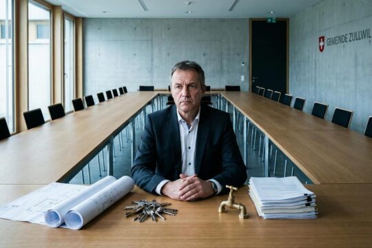 Ein Mann sitzt entschlossen am Kopfende eines fast leeren Konferenztisches. Baupläne und Schlüssel symbolisieren seine vielen Ämter und die Machtkonzentration Zullwil.