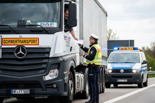 Bei einer Polizeikontrolle eines LKW auf einer Straße reicht der Fahrer einem Polizisten Dokumente. Im Hintergrund ein Polizeifahrzeug.