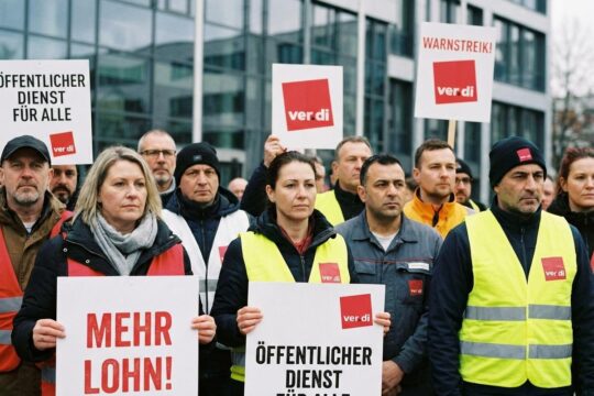 Diverse Beschäftigte des öffentlichen Dienstes demonstrieren entschlossen mit Plakaten, wie 'Warnstreik!', in urbaner Kulisse beim Warnstreik öffentlicher Dienst BW.