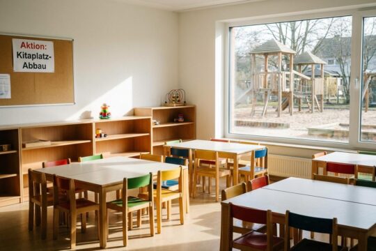 Ein fast leerer Kita-Gruppenraum in Niedersachsen mit vielen unbesetzten Stühlen. Das verdeutlicht den Kitaplatz Abbau Niedersachsen.