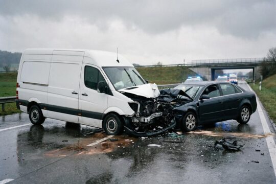 Schwer beschädigter weisser Lieferwagen und dunkler PKW frontal auf nasser Strasse verkeilt, nach dem Unfall Schönenwerd. Blaulichter im Hintergrund.