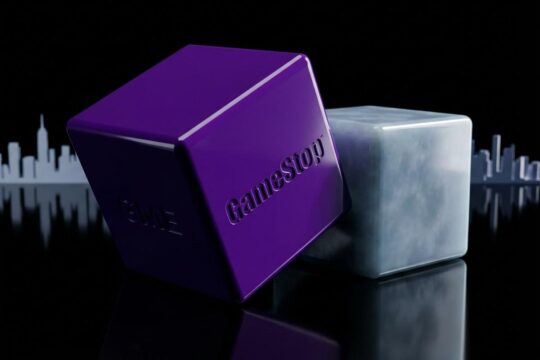 Purpurner GME-Würfel schiebt dominant blaugrauen Block zur GameStop Übernahme auf glänzender Fläche. Dramatische Schatten betonen das Risiko.