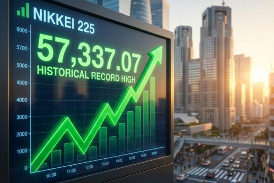 Der Nikkei 225 Chart zeigt ein historisches Rekordhoch mit steil ansteigender grüner Linie. Die Tokioter Skyline strahlt im goldenen Morgenlicht.