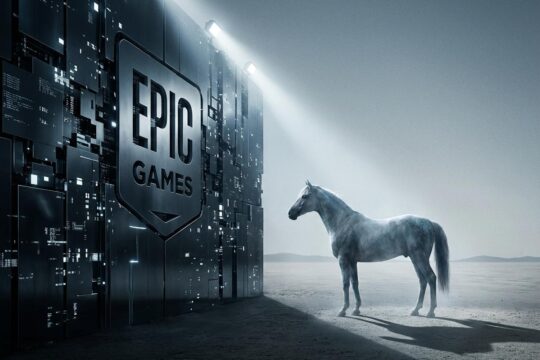 Ein majestätisches Pferd steht entschlossen vor einer riesigen Epic Games Wand, die den Kern des Horses Epic Games Streit um ungleiche Macht widerspiegelt.