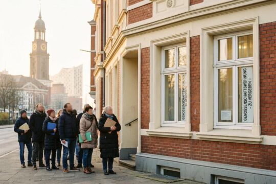 Eine Gruppe Menschen wartet geduldig vor einem klassischen Hamburger Altbau, der bezahlbare Genossenschaftswohnungen in Hamburg symbolisiert. Im Hintergrund die Skyline.