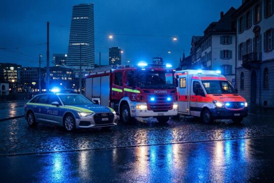 Blaulicht Region Basel: Polizei, Feuerwehr und Rettungsdienst mit leuchtenden Blaulichtern, die sich auf regennasser Strasse spiegeln.