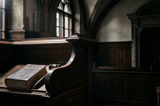 Gesetzbuch und Richterhammer auf Richterbank im Trierer Gerichtsgebäude. Szene vom Prozess wegen versuchten Mordes in Trier.