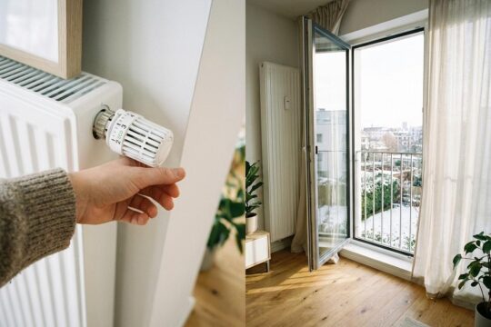 Im hellen Wohnzimmer stellt eine Hand den Heizkörperthermostat ein, während ein Fenster für frische Luft weit offen steht. So gelingt richtig heizen und lüften.