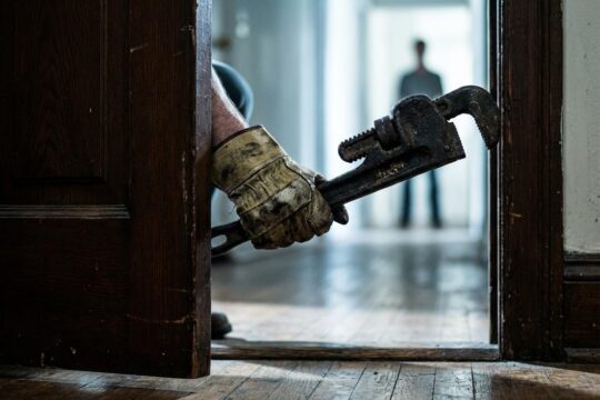 Durch einen Türspalt ragt eine Hand im schmutzigen Handschuh, die einen bedrohlichen Schraubenschlüssel hält. Gefahr durch falsche Handwerker.