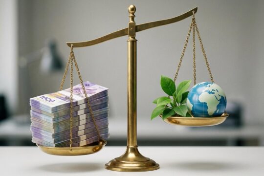 Eine Balkenwaage zeigt das finanzielle Ungleichgewicht der Klimafonds-Initiative: Schweizer Banknoten überwiegen deutlich eine kleine grüne Pflanze.