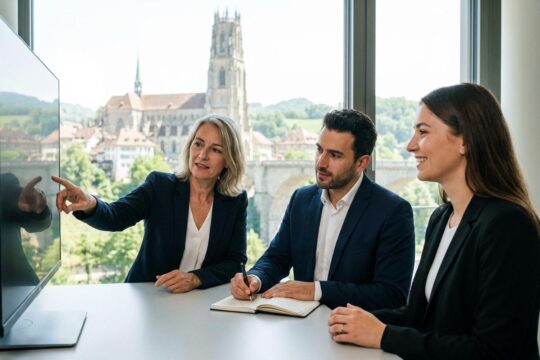 Zwei professionelle Personen arbeiten am Laptop in einem Büro mit Blick auf Fribourg. Ein Beispiel für das Arbeiten im Kanton Freiburg.