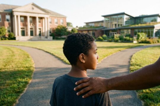 Nachdenkliches Kind an Weggabelung, blickt auf Gymnasium und Gemeinschaftsschule, unterstützt bei der Schulwahl nach der Grundschule.