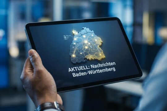 Eine Hand hält ein Tablet mit einer stilisierten 3D-Karte von Baden-Württemberg, die dynamische Informationspunkte und Verbindungen zeigt. Aktuelle Nachrichten Baden-Württemberg ist als Überschrift auf dem Bildschirm zu sehen.