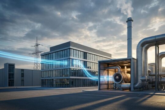 Ein elegantes Rechenzentrum ist direkt mit einem Gaskraftwerk für Rechenzentrum verbunden, dessen Turbine und Schornstein Strom erzeugen.