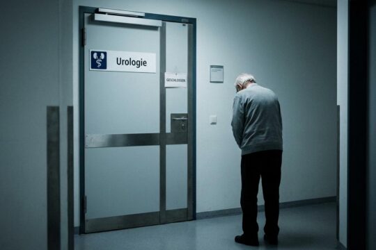 Ältere Person blickt verunsichert auf die geschlossene Tür der Urologie Sulzbach, auf der ein "GESCHLOSSEN"-Schild prangt.