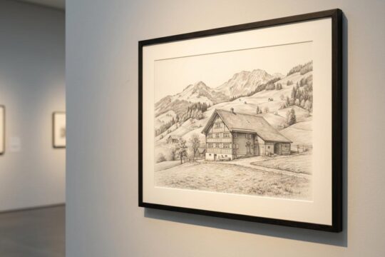Gerahmte Bleistiftzeichnung eines Appenzeller Bauernhofs in den Bergen, fotorealistisch. Ein Highlight der Ausstellung Museum Gais.