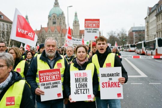 Engagierte Beschäftigte zeigen auf einem Streik öffentlicher Dienst Niedersachsen entschlossen Plakate in urbanem Ambiente.