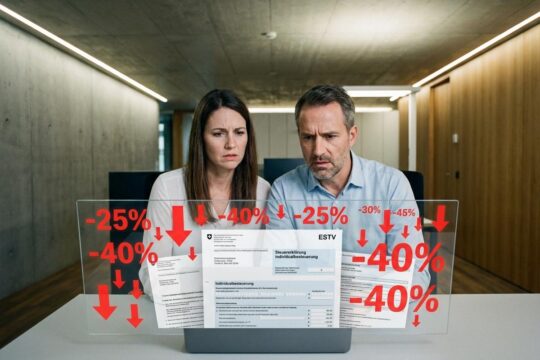 Ein besorgtes Schweizer Paar blickt auf eine Anzeige, die mit roten Pfeilen die Individualbesteuerung Nachteile und finanzielle Überforderung visualisiert.
