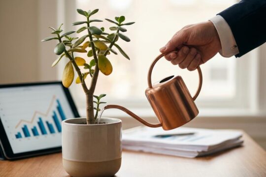 Eine professionelle Hand gießt einen Geldbaum auf einem Business-Tisch. Finanzdiagramme im Hintergrund zeigen den Erfolg beim Startup Finanzen sanieren.