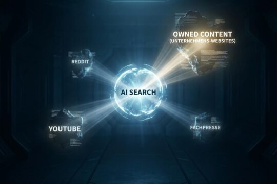 Ein futuristisches Daten-Orb (KI-Suche) beleuchtet Quellen wie Owned Content, Reddit und YouTube, was die Sichtbarkeit in KI-Suche visualisiert.
