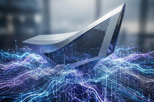 Eine moderne Architekturvision erhebt sich aus einem leuchtenden, komplexen Algorithmen-Netz, das die Präzision vom KI-Rendering mit Chaos Veras 4.0 darstellt.