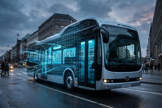 Ein glänzender chinesischer Elektrobus fährt bei Dämmerung. Blaue Datenlinien, die aus ihm strömen, deuten auf ein technologisches Sicherheitsrisiko hin.