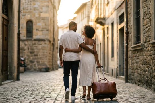 Romantischer Kurztrip zum Valentinstag: Ein verliebtes Paar schlendert Arm in Arm durch eine europäische Altstadt bei Sonnenuntergang, mit Reisegepäck.