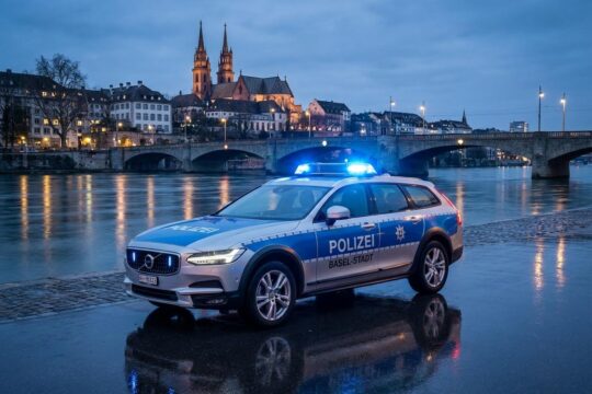 Modernes Einsatzfahrzeug mit Blaulicht auf nasser Straße in Basel. Die beleuchtete Skyline mit Münster und Mittlerer Brücke symbolisiert die Blaulicht Region Basel.