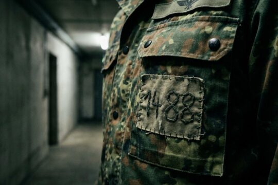 Feldanzug der Bundeswehr mit einem Aufnäher, der versteckt Zahlen wie "14" oder "18" zeigt. Ein Symbol für Rechtsextremismus in der Bundeswehr Idar-Oberstein.