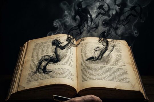 Aus einem alten, aufgeschlagenen Buch steigen dunkle Rauchfäden auf, die sich zu bedrohlichen Formen verdichten. Sie visualisieren die perfide Victor Klemperer NS-Sprache, beobachtet von einer Hand.