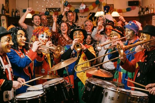 Farbenfroh kostümierte Fasnächtler mit Masken spielen enthusiastisch Guggenmusik-Instrumente in einer belebten Fasnachtsbeiz beim Oltner Fasnacht Potpourri.