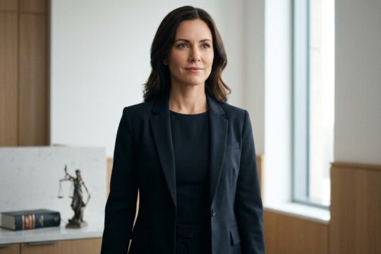 Die neue Präsidentin Bezirksgericht Vivisbach, Julia Giallombardo, blickt selbstbewusst im Business-Outfit in moderner Gerichtsarchitektur.